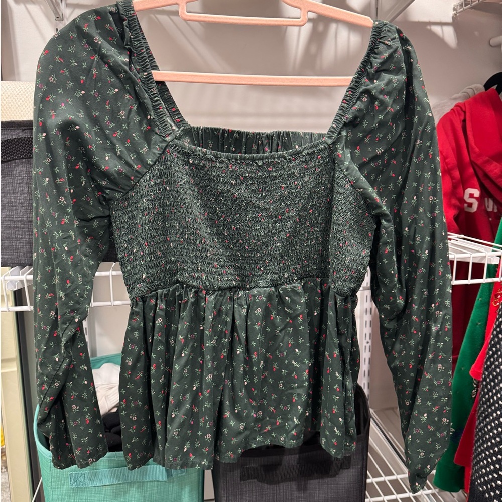 Old Navy Dark Green Floral Smocked Blouse